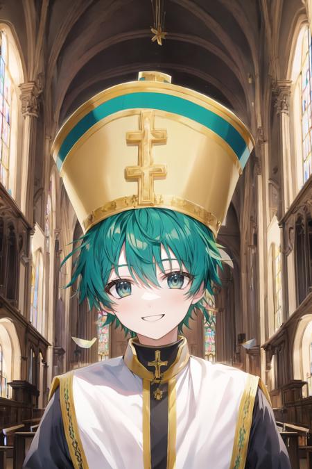 25732-2946472964-church, indoors,  mitre, 1boy, green hair, priest, looking at viewer, upper body, smile,.png